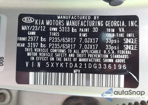 2013 Kia Sorento Lx V6 из США, поврежденный, VIN 5XYKTDA21DG336196